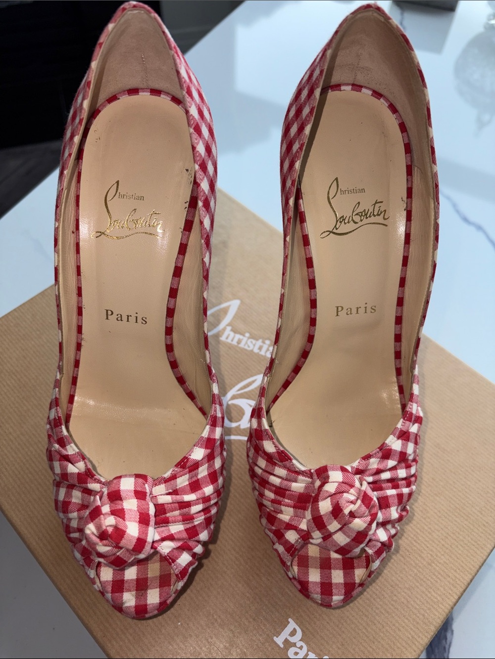 Christian Louboutin Red and White Gingham Peep-Toe Knot Pumps - Picture 6 of 12